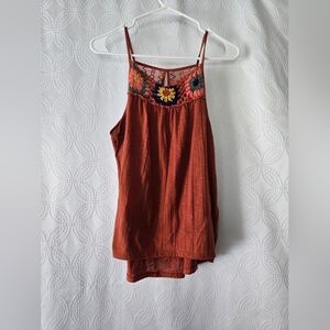 Rust Camisole with Floral Embroidery Festival Flowy Free Sz L Boho Almost Famous